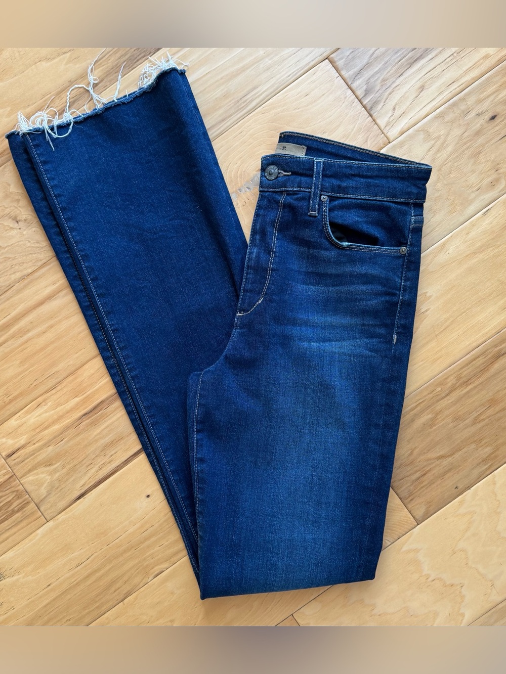 Joes Jeans High Rise Bootcut dark wash stretch denim raw hem long inseam size 28